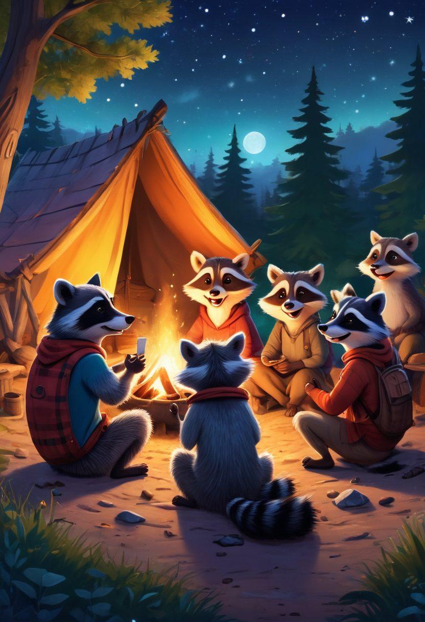 A whimsical scene featuring a group of diverse friends sitting around a cozy campfire, sharing humorous stories and laughing heartily under a starlit sky. Include playful cartoon-style illustrations of exaggerated facial expressions and comedic elements in the background, such as a mischievous raccoon eavesdropping. The atmosphere should be warm and inviting, celebrating the joy of laughter and storytelling. vibrant colors. cartoon style.