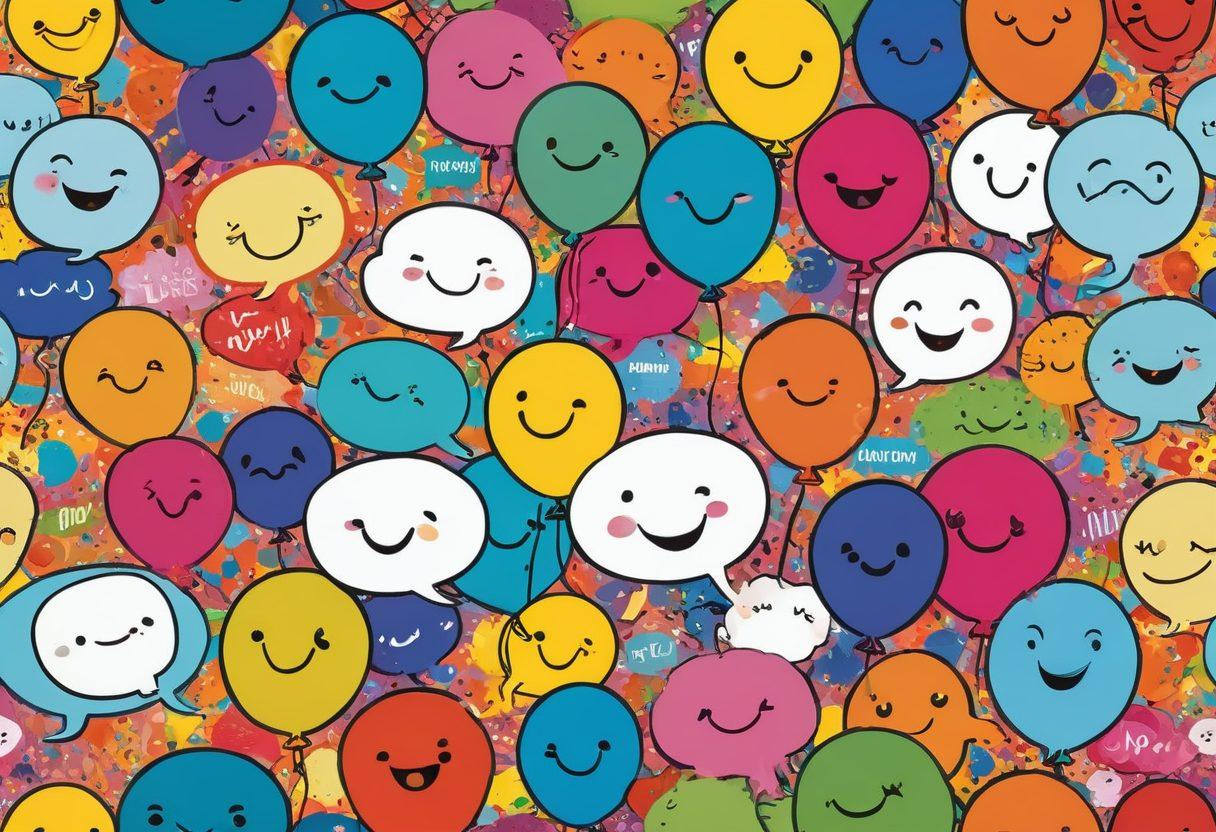 A colorful collage of whimsical cartoon characters sharing jokes and laughter, surrounded by cheerful speech bubbles filled with puns and funny one-liners. Include vibrant balloons and confetti in the background representing a festive atmosphere. Ensure the characters are diverse and expressive, embodying joy and humor. super-realistic. vibrant colors. playful style.