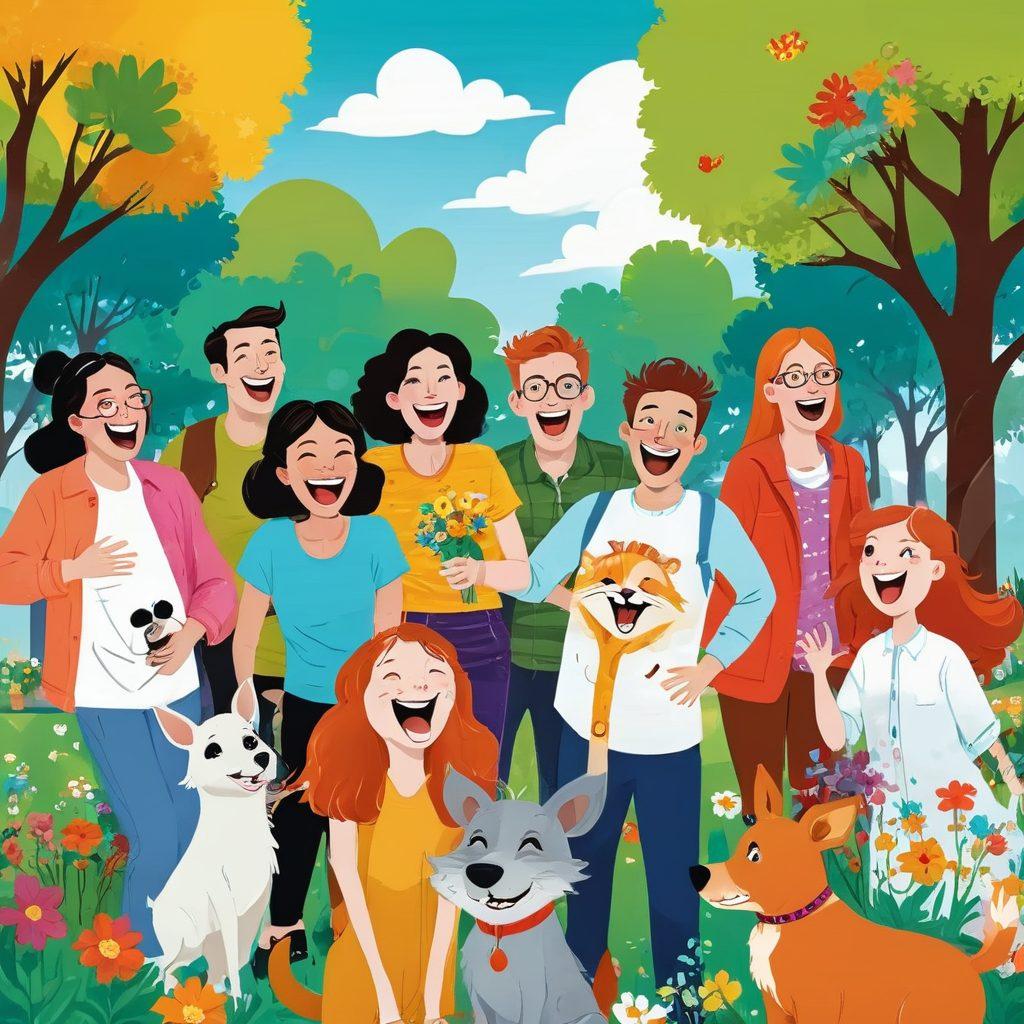 A whimsical cartoon scene featuring a diverse group of people laughing uncontrollably in a colorful park. Include a character telling a classic bad joke, with visual humor elements like exaggerated facial expressions and comic speech bubbles. Surround them with playful animals and vibrant flowers to enhance the joyful atmosphere. Playful, light-hearted, and fun style. cartoon illustration. vibrant colors. white background.